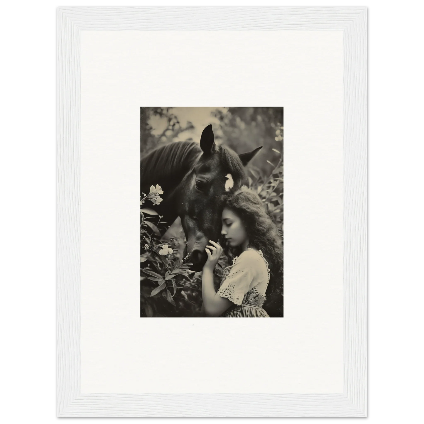 Framed black and white photo of a girl with a horse, perfect for Equinox Whispers room decoration