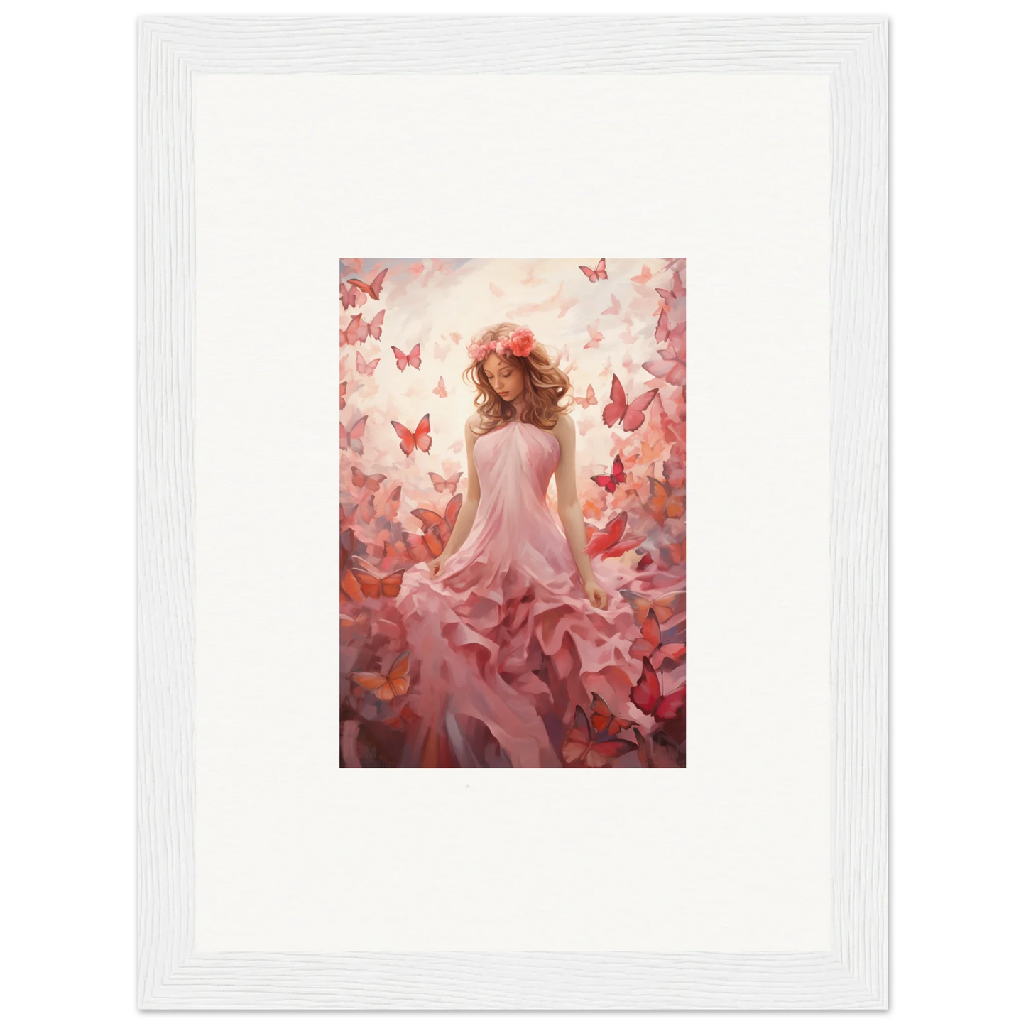 Framed canvas print of a figure in a pink dress with butterflies for autumn lattice room decoration