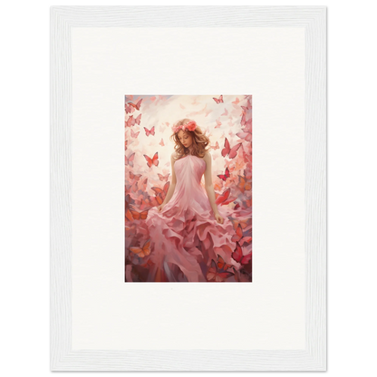 Framed canvas print of a figure in a pink dress with butterflies for autumn lattice room decoration