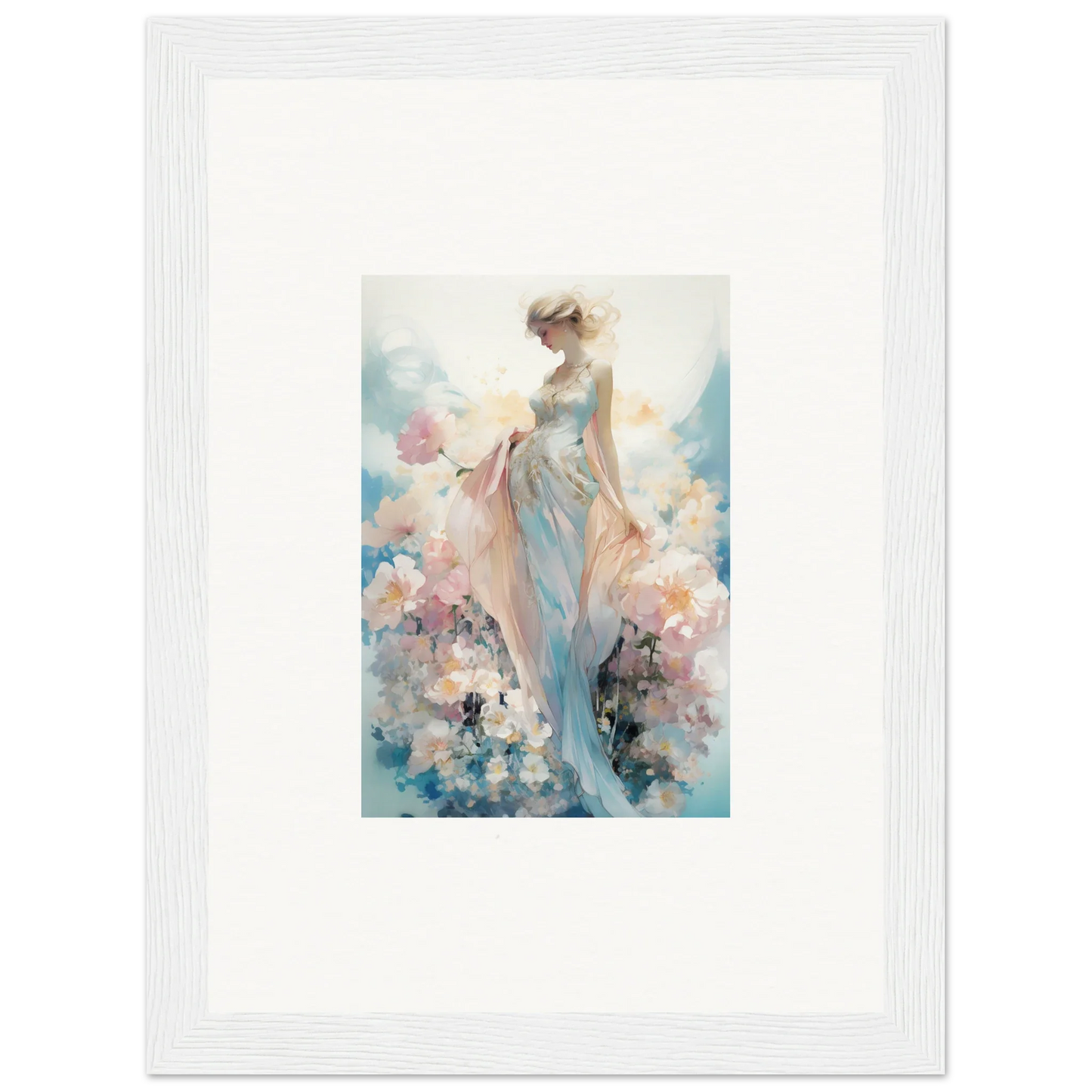 Framed watercolor of a dreamy female figure with pastel flowers for room decoration