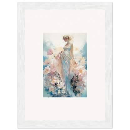 Framed watercolor of a dreamy female figure with pastel flowers for room decoration