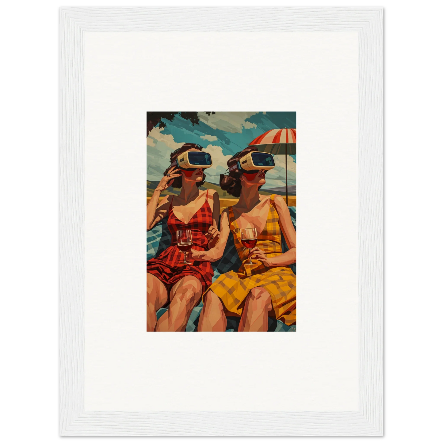 Framed canvas print of two women enjoying morning sunshine in VR at the beach