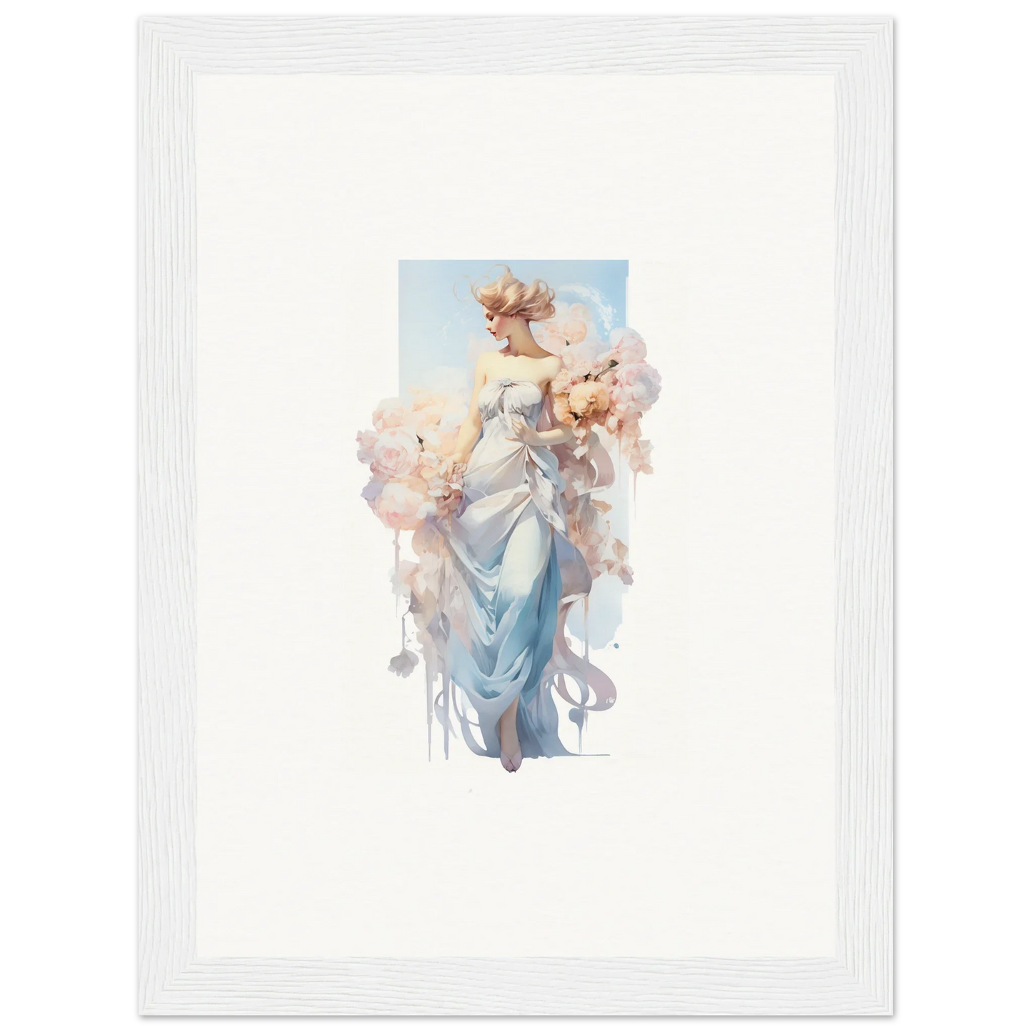 Ethereal female figure in blue dress holding flowers for a dreamy Bouquet Waltz canvas print