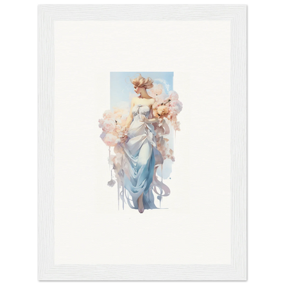 Ethereal female figure in blue dress holding flowers for a dreamy Bouquet Waltz canvas print