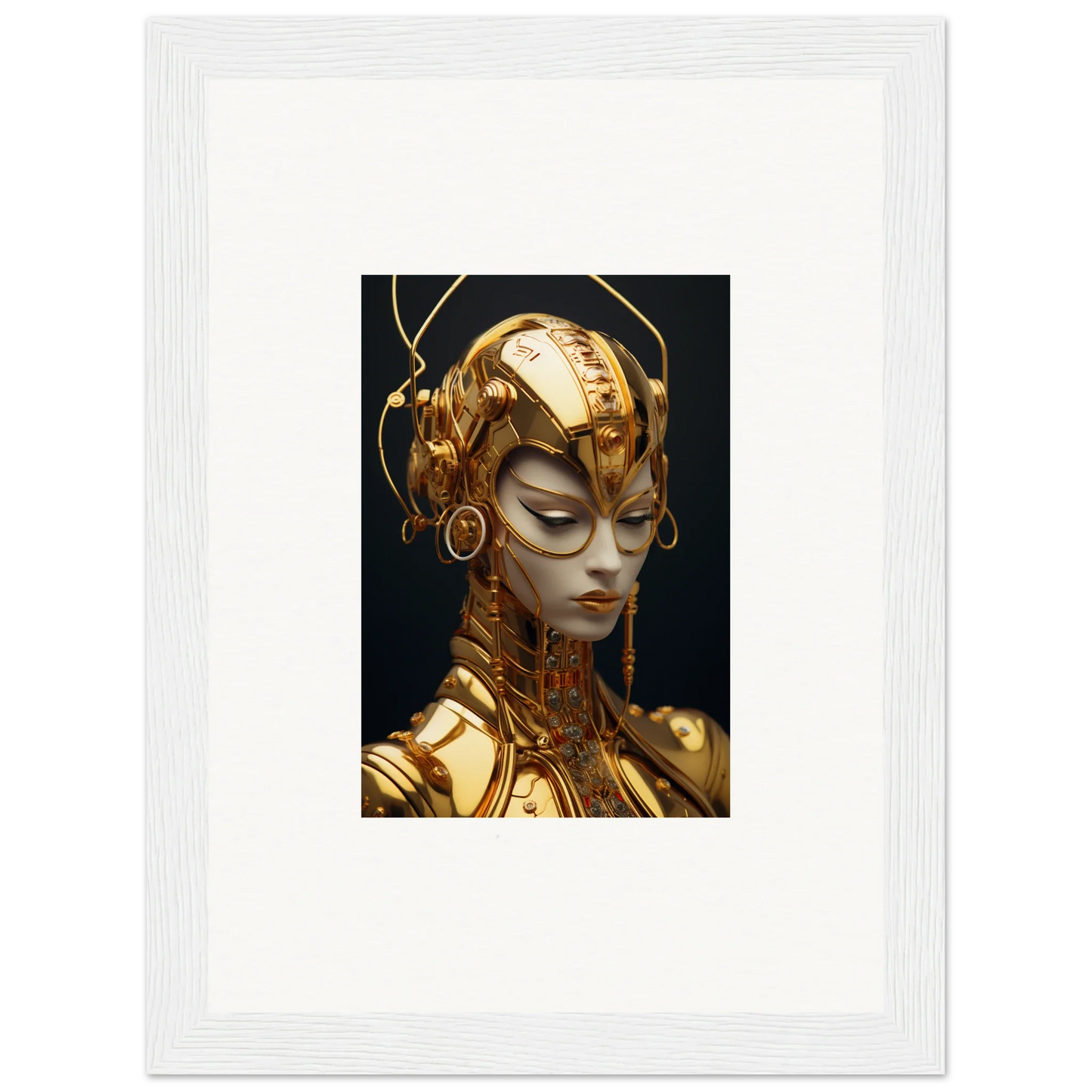 Futuristic golden humanoid figure with ornate headpiece for Moulin Mystique room decoration