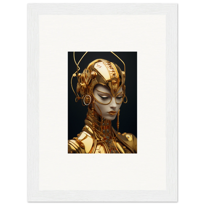 Futuristic golden humanoid figure with ornate headpiece for Moulin Mystique room decoration