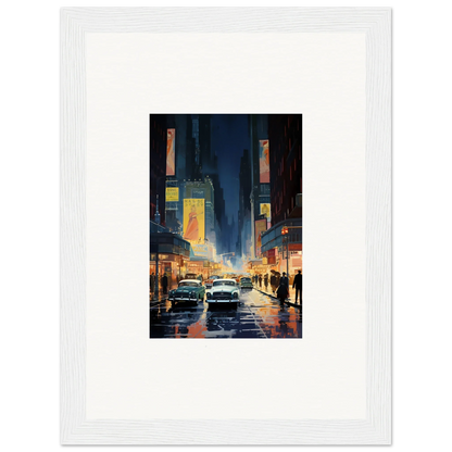 Framed canvas print of a rainy city street at night, perfect wall art for room decoration