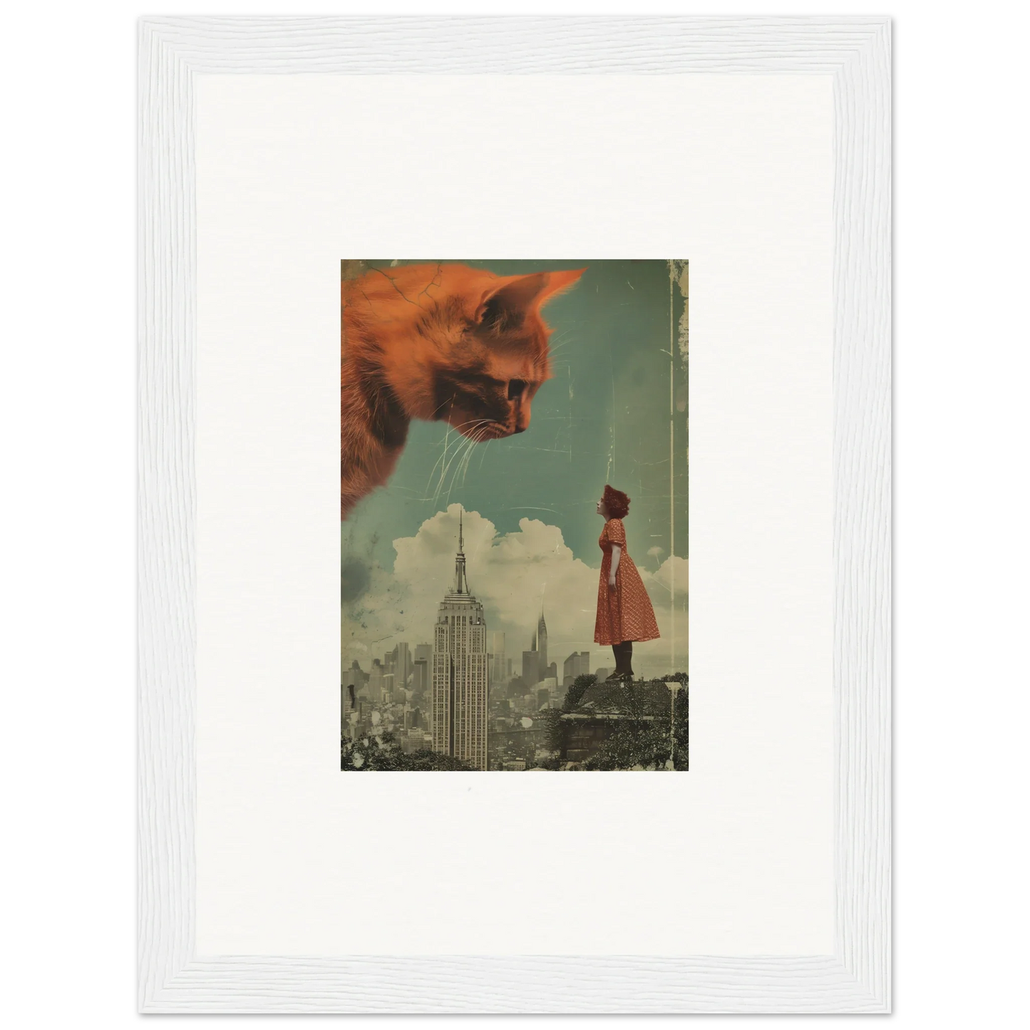 Surreal collage of a giant cat head in a cityscape for unique Room Decor framed wall art