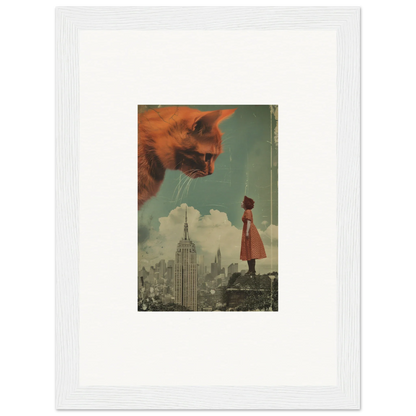 Surreal collage of a giant cat head in a cityscape for unique Room Decor framed wall art