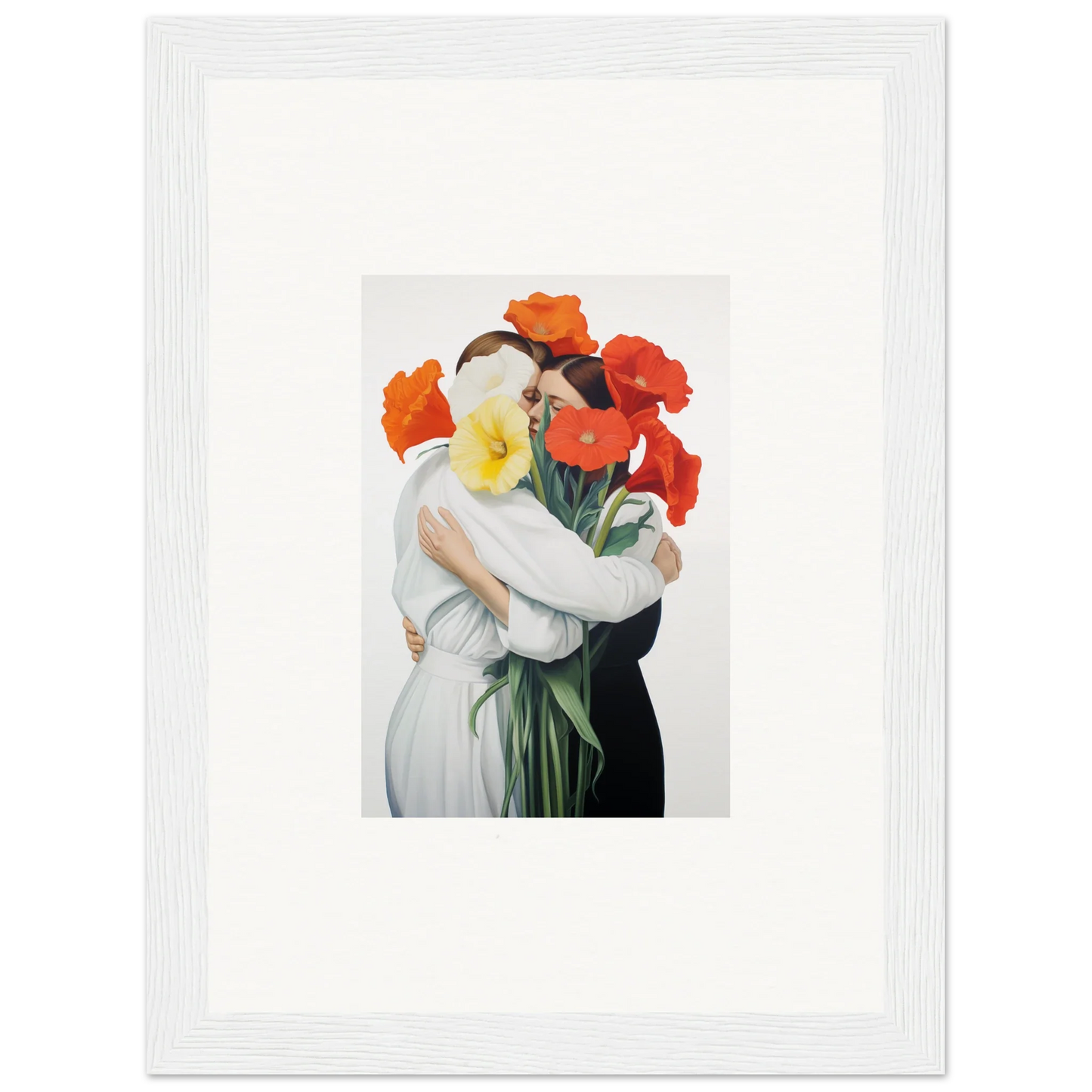 Framed canvas print of a figure in a vortex embrace with vibrant poppies for room decoration