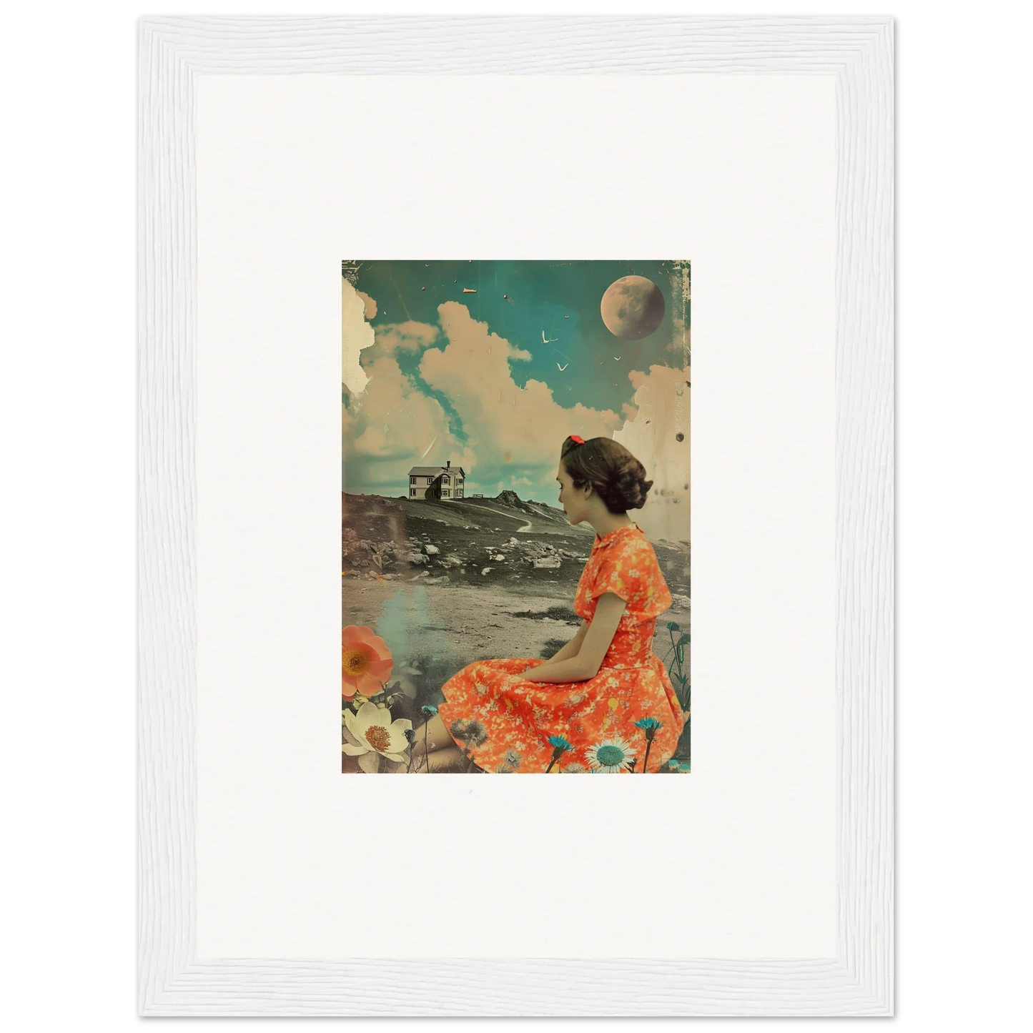 Framed vintage-style canvas print of a woman in an orange dress for colorful room decoration