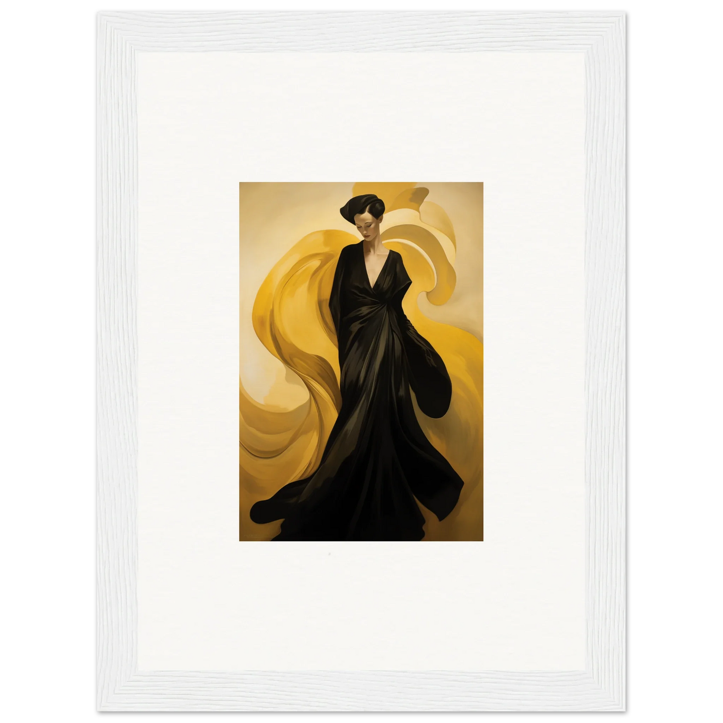 Elegant figure in black gown with yellow fabric, perfect for sun waves room decoration