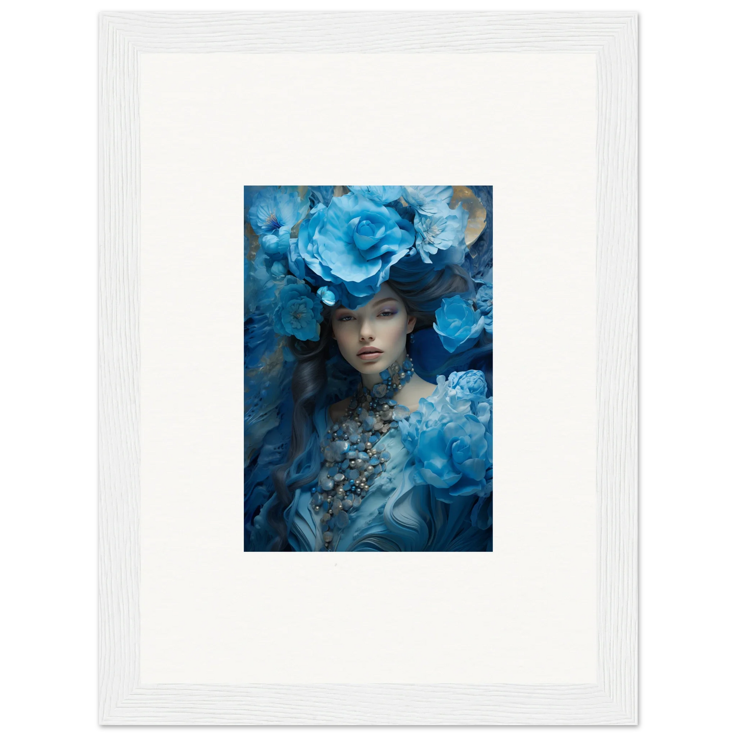 Framed canvas print of a figure with blue flowers for stunning room decoration