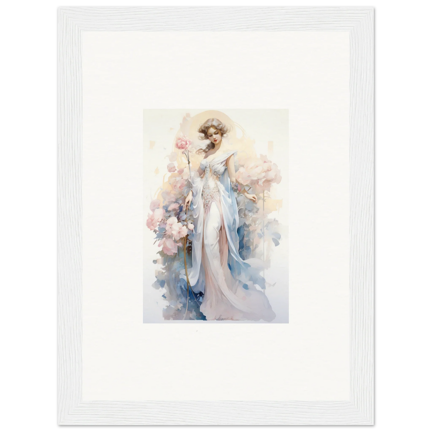 Watercolor canvas print of an elegant woman in a blue gown for blossom serenade room decoration