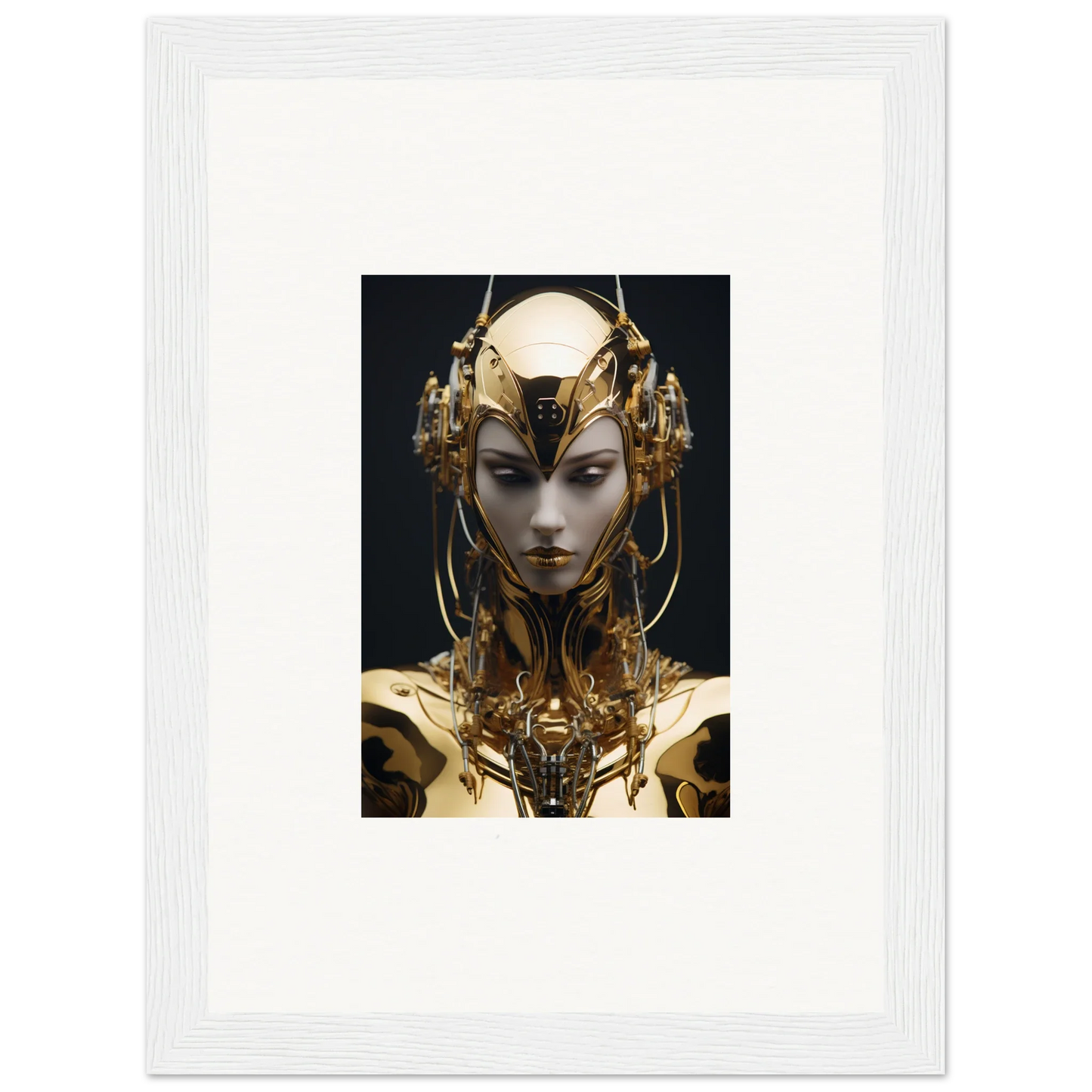 Futuristic humanoid with gold features from Chirping Inventrix canvas print for room decoration