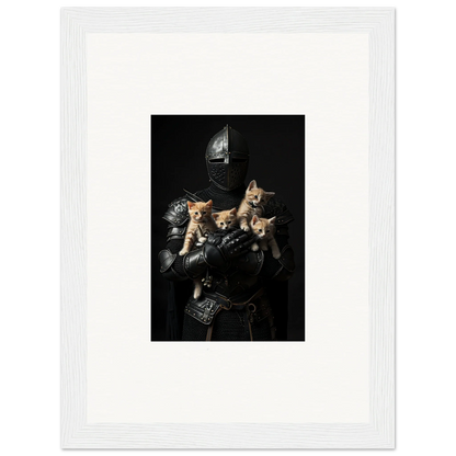 Medieval knight in armor with three kittens, perfect for a whimsical Feline Bashhut decor