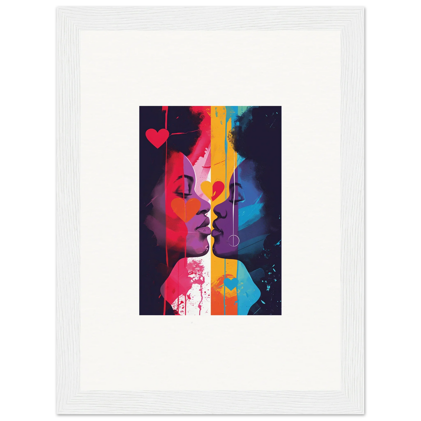 Colorful abstract painting of silhouetted profiles kissing, perfect for heartwave reflection decor