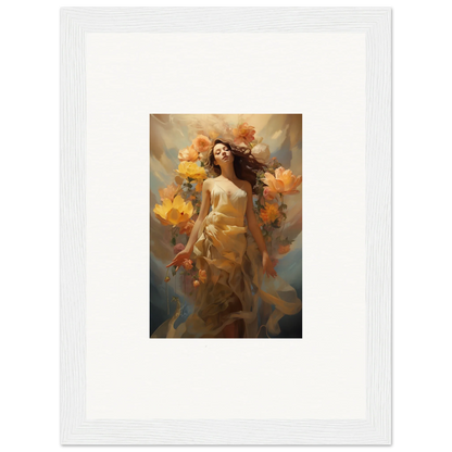 Framed canvas print of a woman with autumn flowers, perfect for a Blossom Odyssey vibe