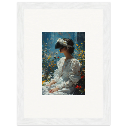 Framed canvas print of a woman in a white dress for your bloom reverie room decoration