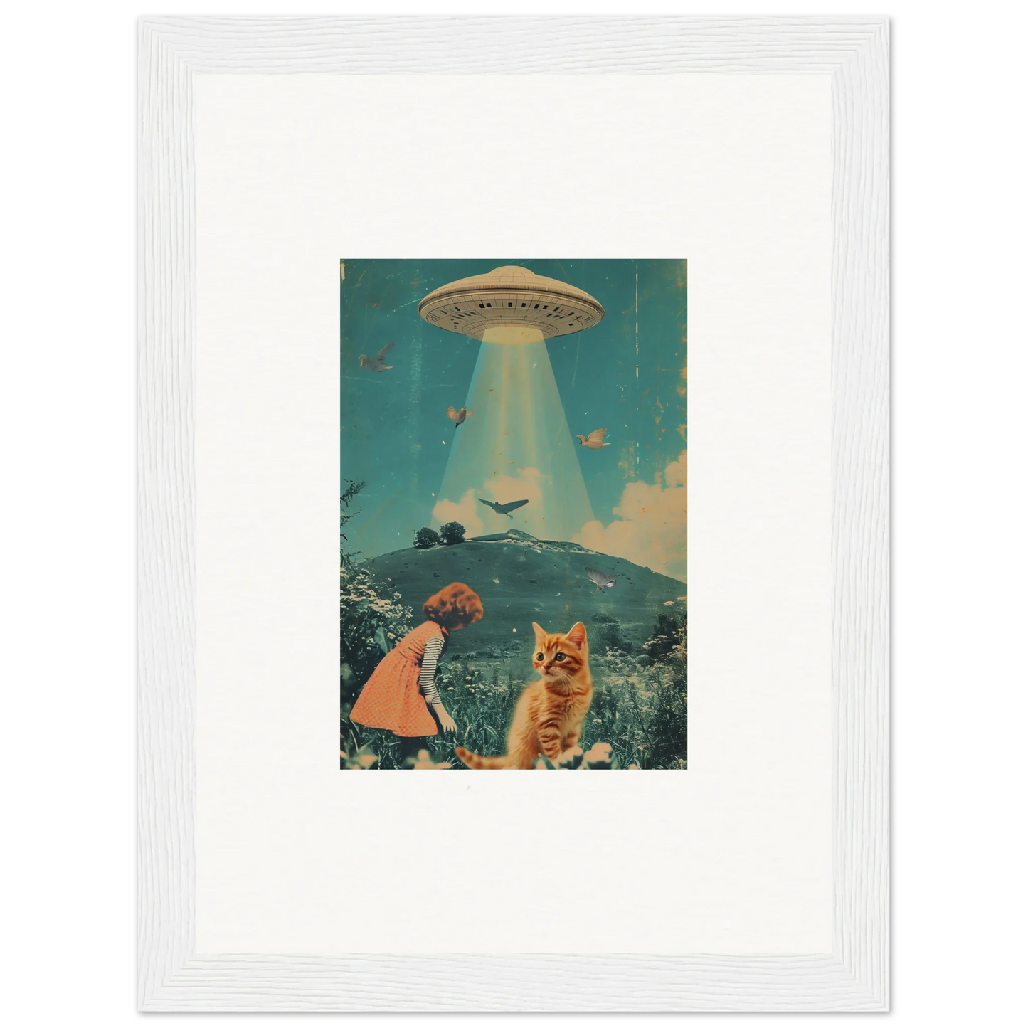 Framed vintage-style canvas print of UFO, child, and cat for unique room decoration