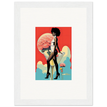 Stylized silhouette of a woman with an afro in retro pose for floral highs canvas print