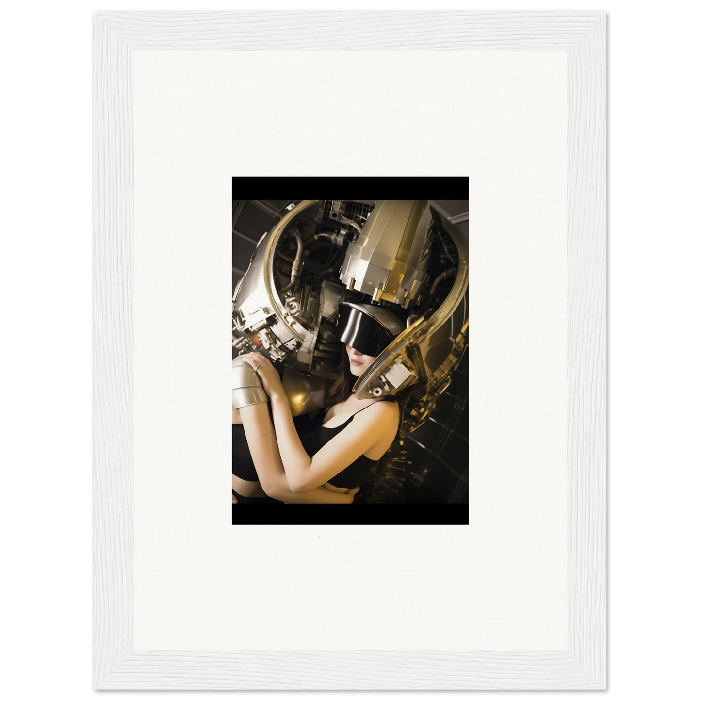 Framed wall art of a person in a gold helmet for unique room decoration