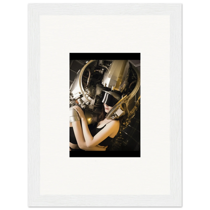 Framed wall art of a person in a gold helmet for unique room decoration