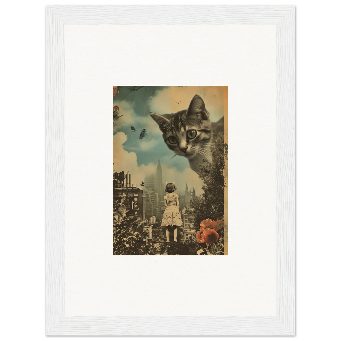 Surreal wall art of a giant cat’s face above a city, perfect for room decoration