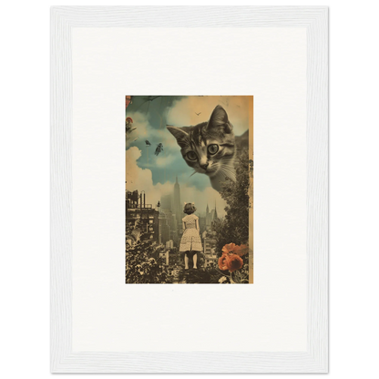 Surreal wall art of a giant cat’s face above a city, perfect for room decoration