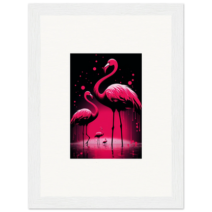 Vibrant pink flamingos in water, perfect for a Feather Wanderers canvas print decor