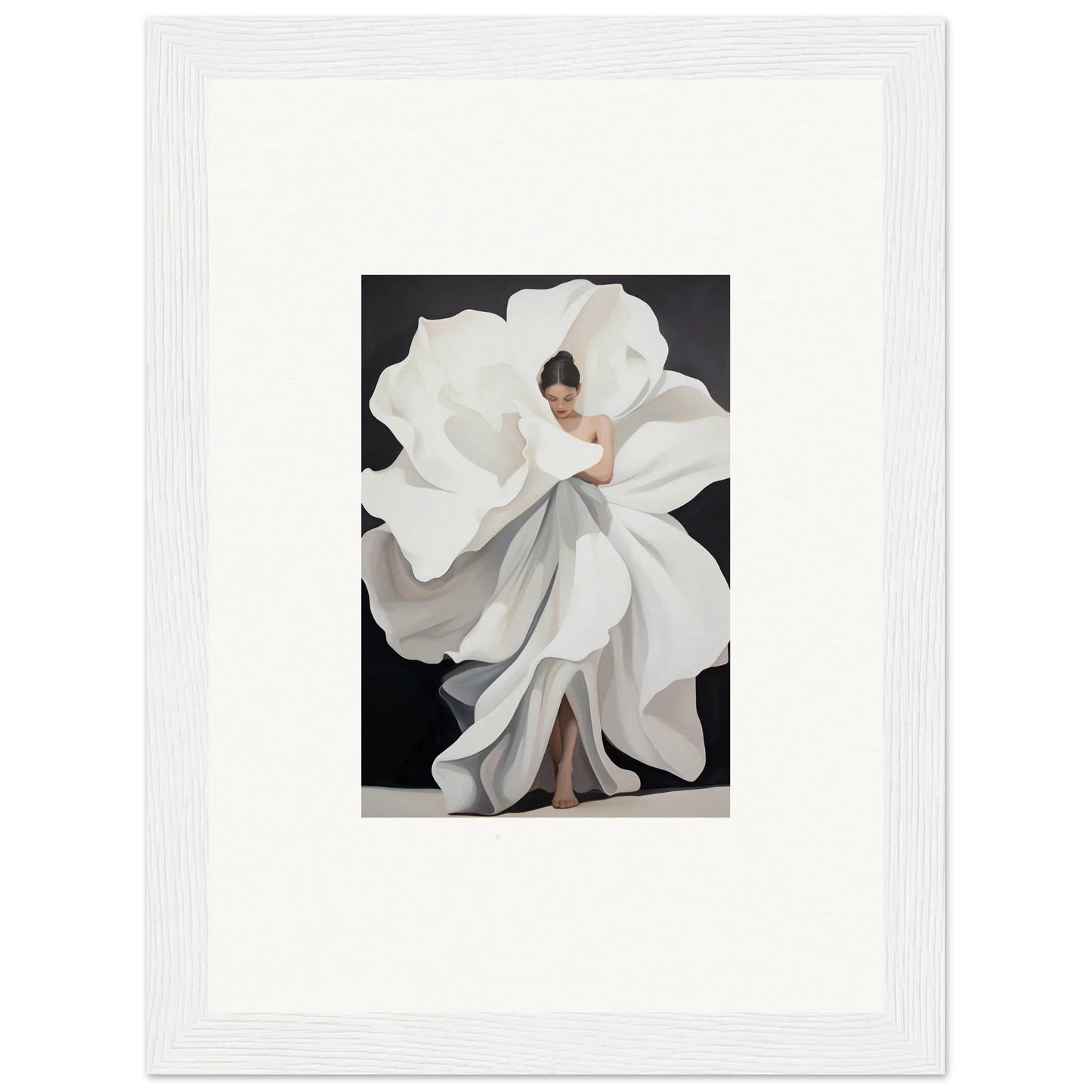 Woman in a flowing white dress like a magnolia, perfect for Petal Whispers canvas print