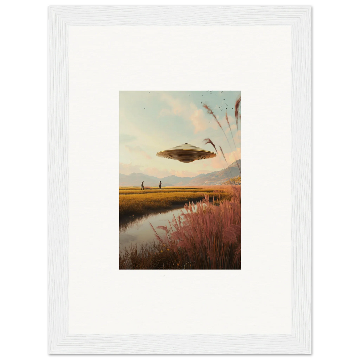 UFO over a marshy landscape at sunset in Floating Meadow Raindancers framed wall art