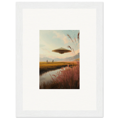 UFO over a marshy landscape at sunset in Floating Meadow Raindancers framed wall art