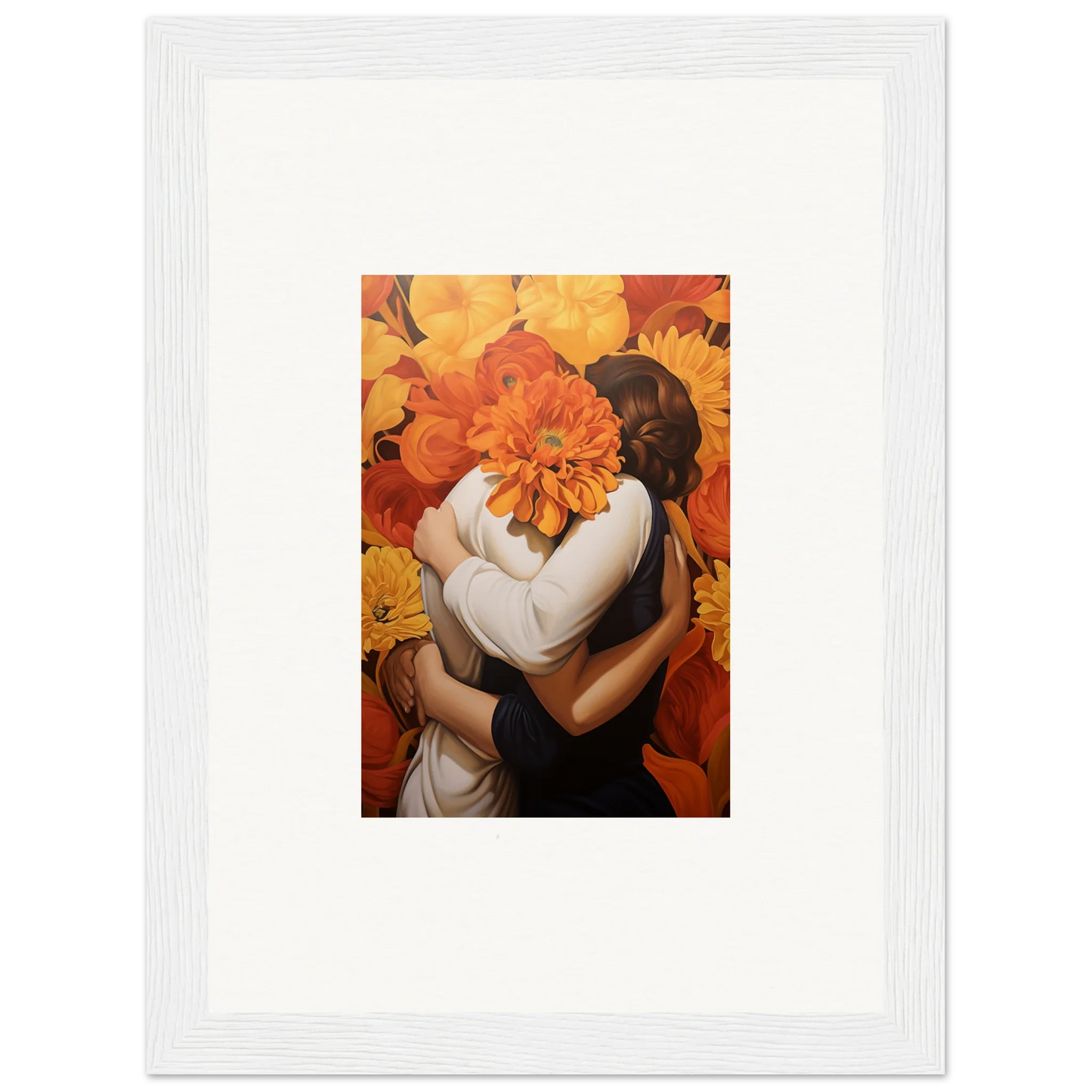 Framed Canvas Print of Euphoria Embrace with Figures and Orange Flower for Room Decoration