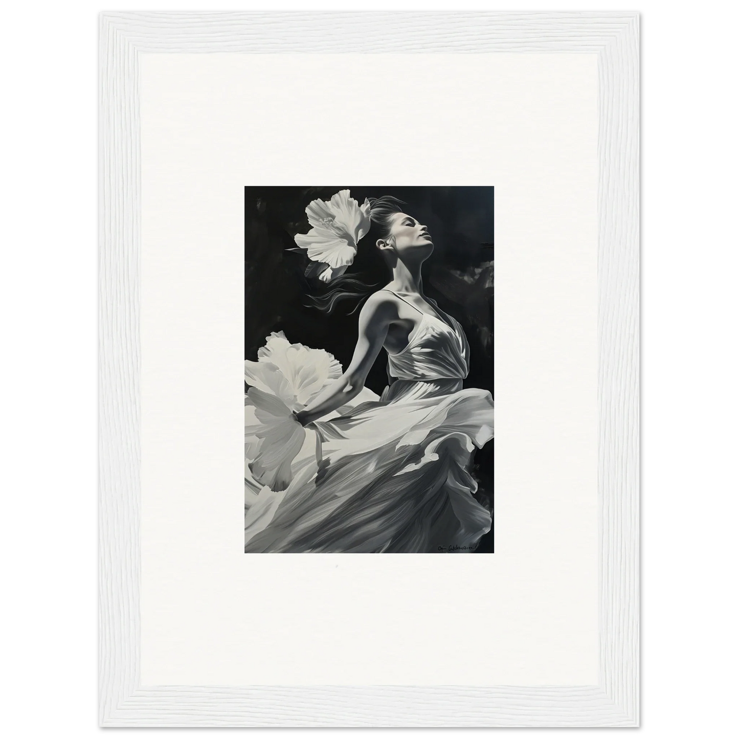 Black and white canvas print of a visionary reverie with flowing fabric and large flowers