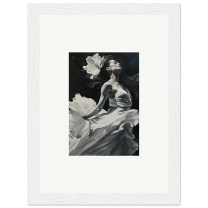 Black and white canvas print of a visionary reverie with flowing fabric and large flowers