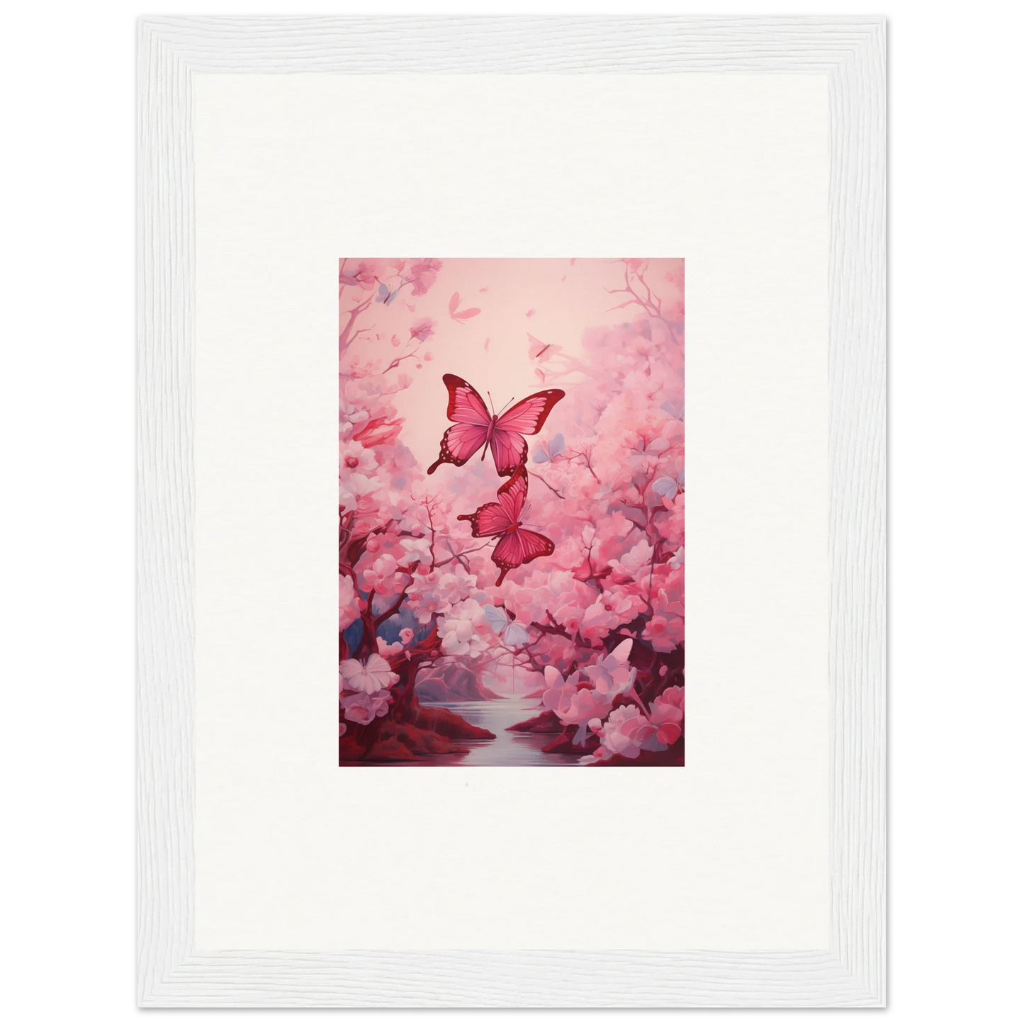 Framed canvas print of pink butterflies in cherry blossoms for spring euphoria room decoration