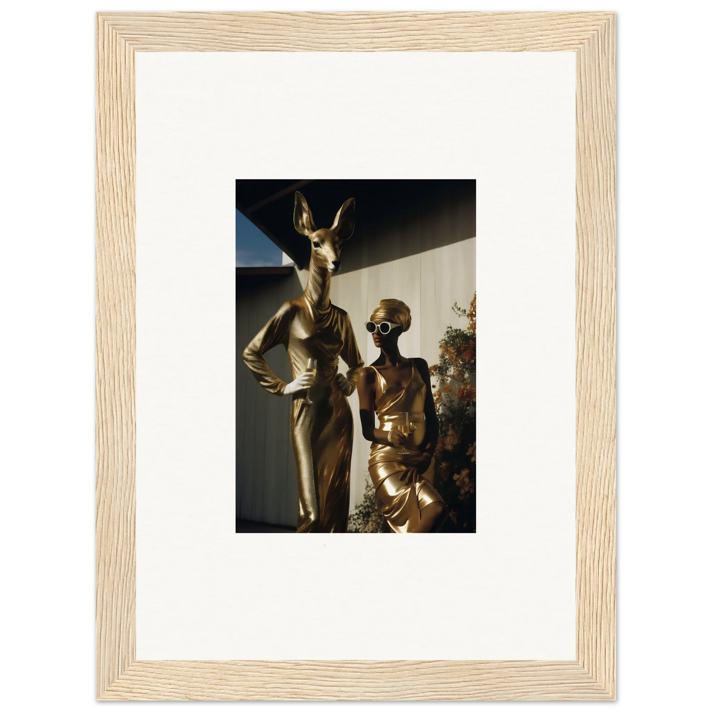 Framed photograph of two golden statues depicting stylized human figures.