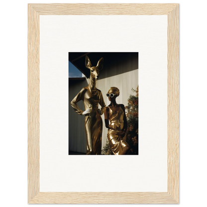 Framed photograph of two golden statues depicting stylized human figures.