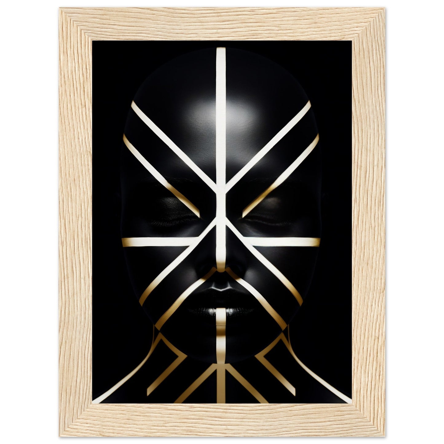 Abstract geometric design featuring intersecting white and gold lines on a black background, resembling a stylized face or mask.