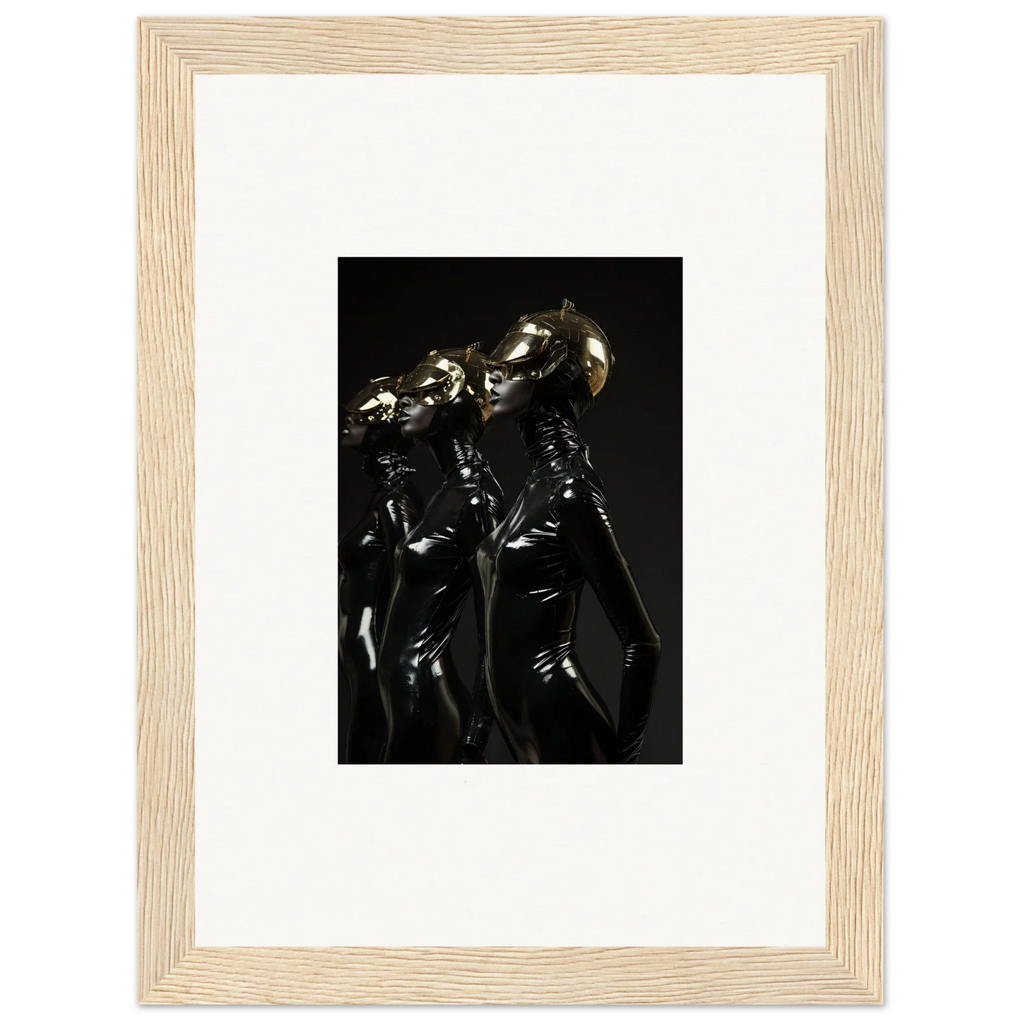 Framed photograph of shiny metallic humanoid figures standing together.