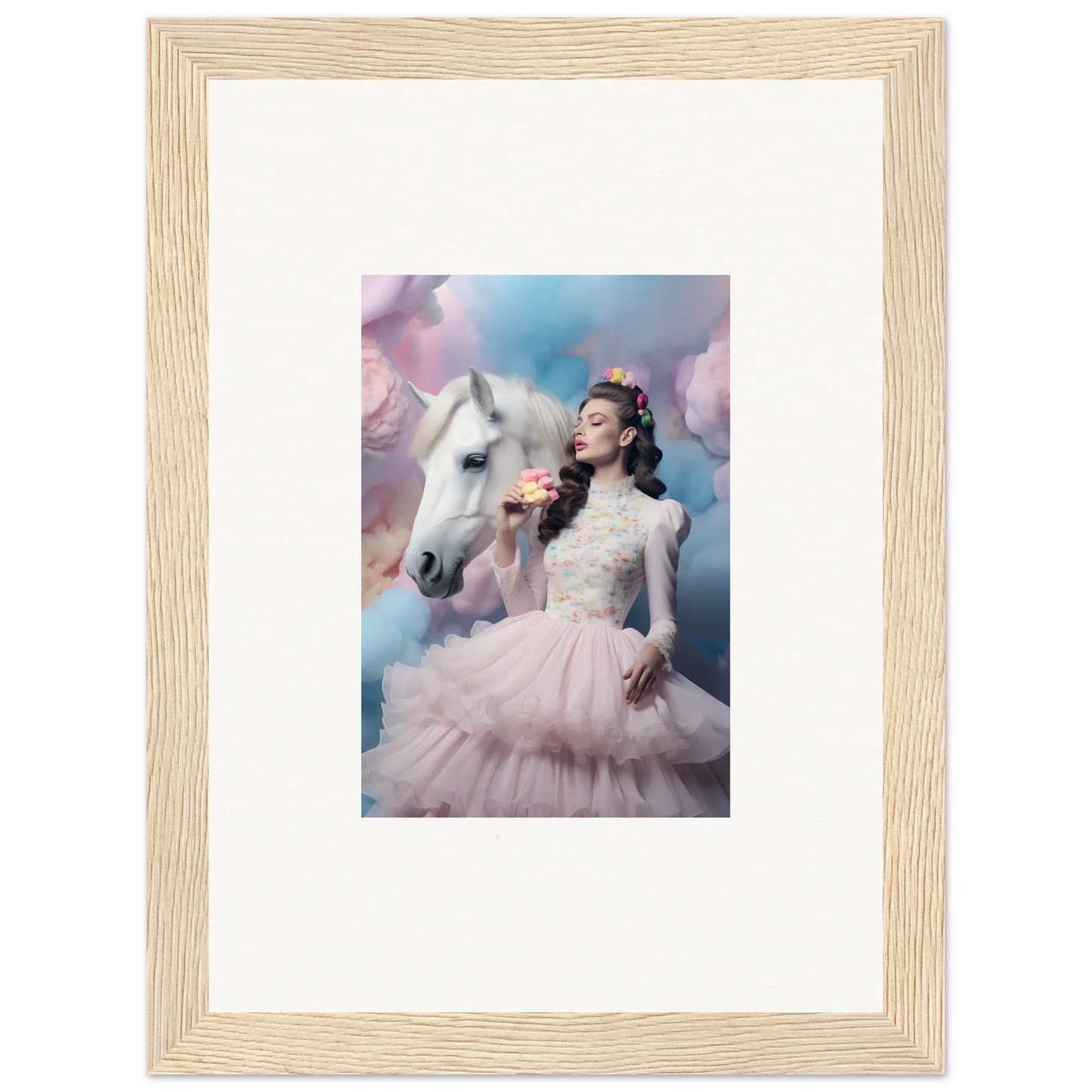 Framed photograph of a woman in a pink tulle gown posing with a white horse against a dreamy sky backdrop.