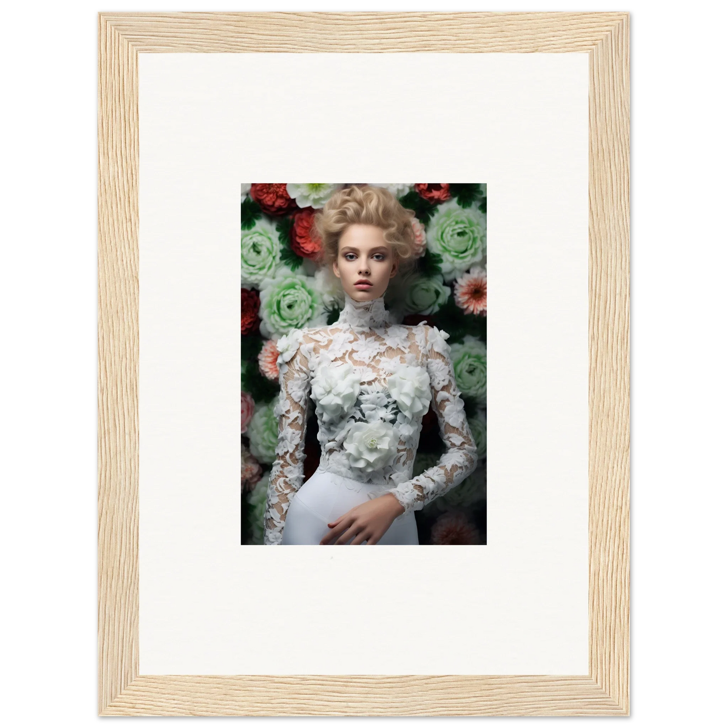 Framed portrait of a woman in an ornate white lace top against a floral backdrop.