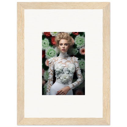 Framed portrait of a woman in an ornate white lace top against a floral backdrop.