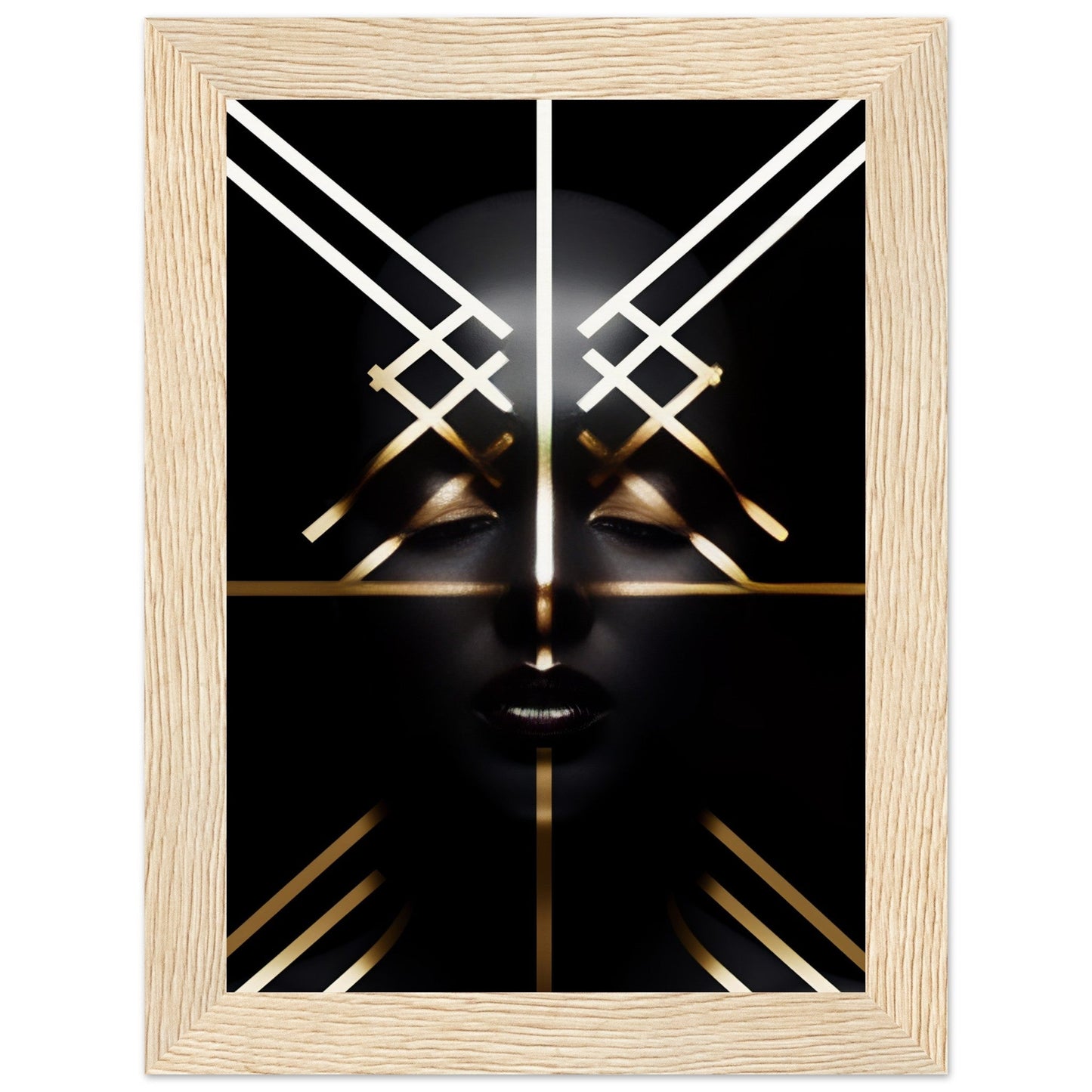 Abstract geometric face design with white and gold lines on a black background.