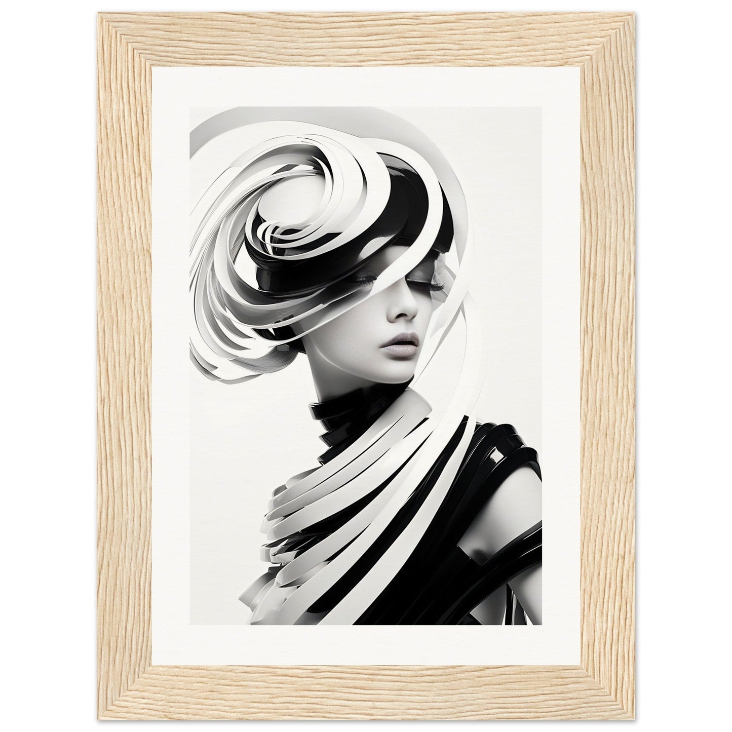 Black and white portrait photograph of a person wearing an elaborate, swirling hat and draped fabric.