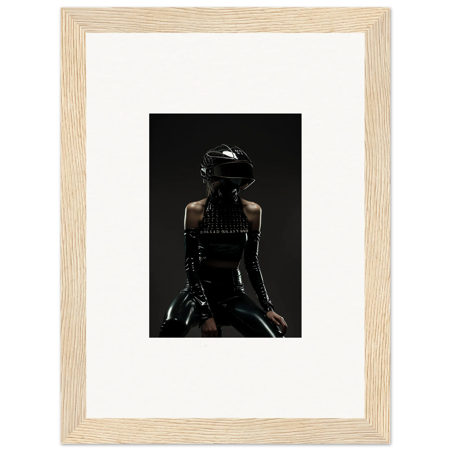 Framed photograph of a person wearing a black helmet and dark clothing, viewed from behind.