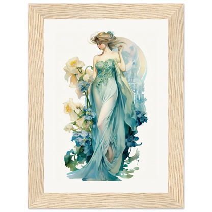 Elegant watercolor painting of a woman in a flowing teal gown surrounded by floral elements.