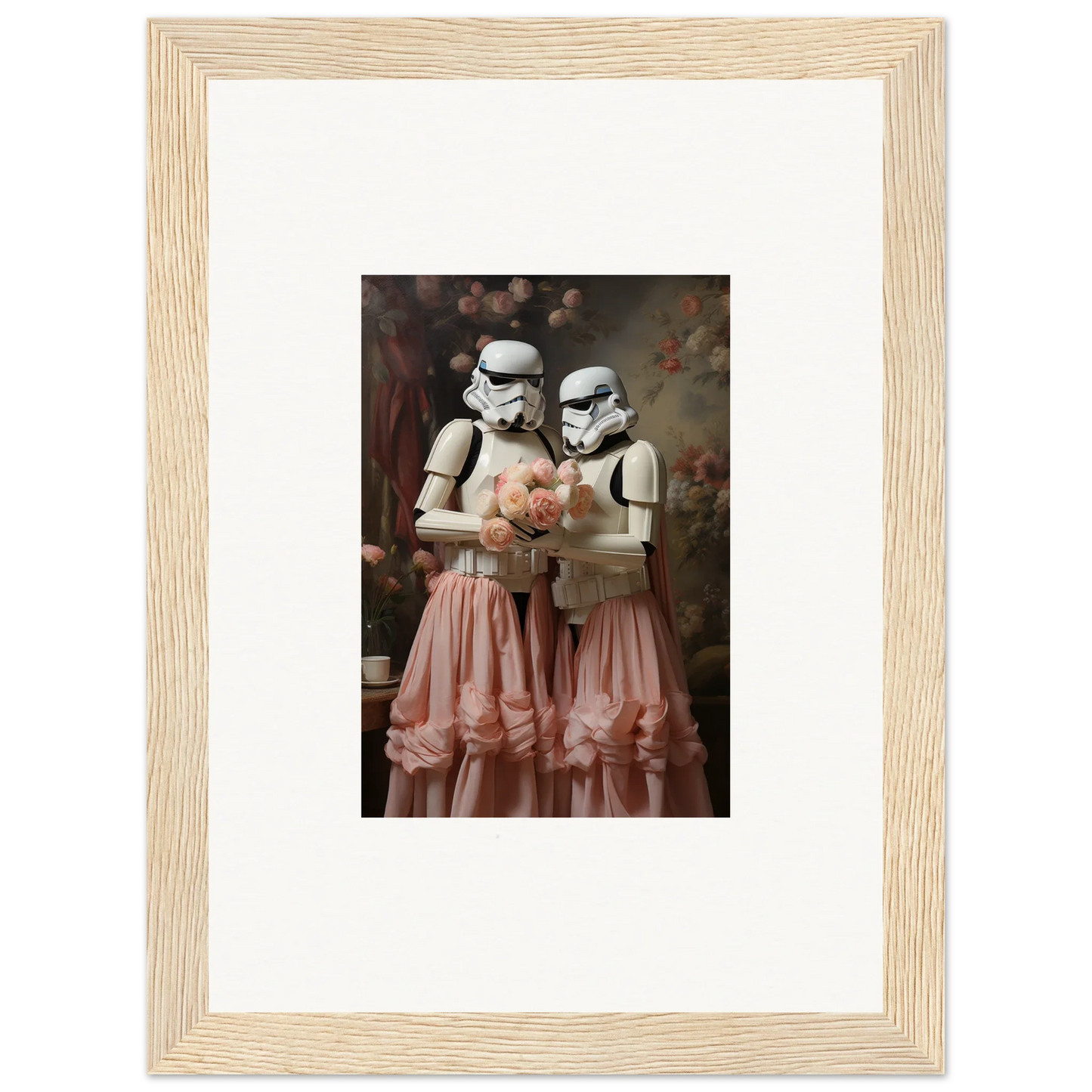 Framed artwork depicting two Stormtroopers wearing pink tutus and holding a bouquet.