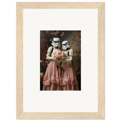 Framed artwork depicting two Stormtroopers wearing pink tutus and holding a bouquet.